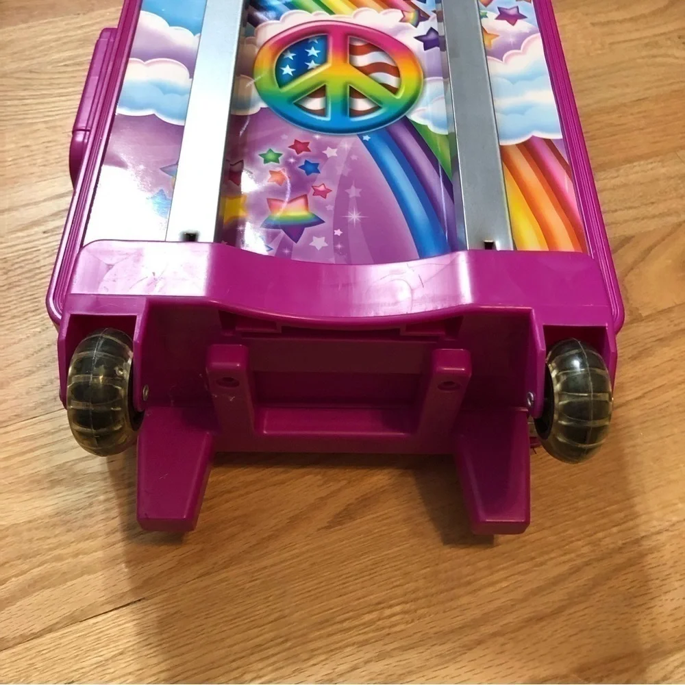 Vintage Lisa Frank Rolling Luggage Peace Sign Handle Purple Pink Rainbow